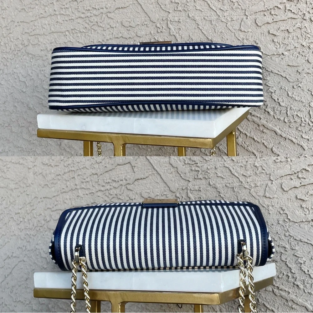 KATE SPADE Blue & White Striped Carey Medium Flap Striped Crossbody Shoulder Bag